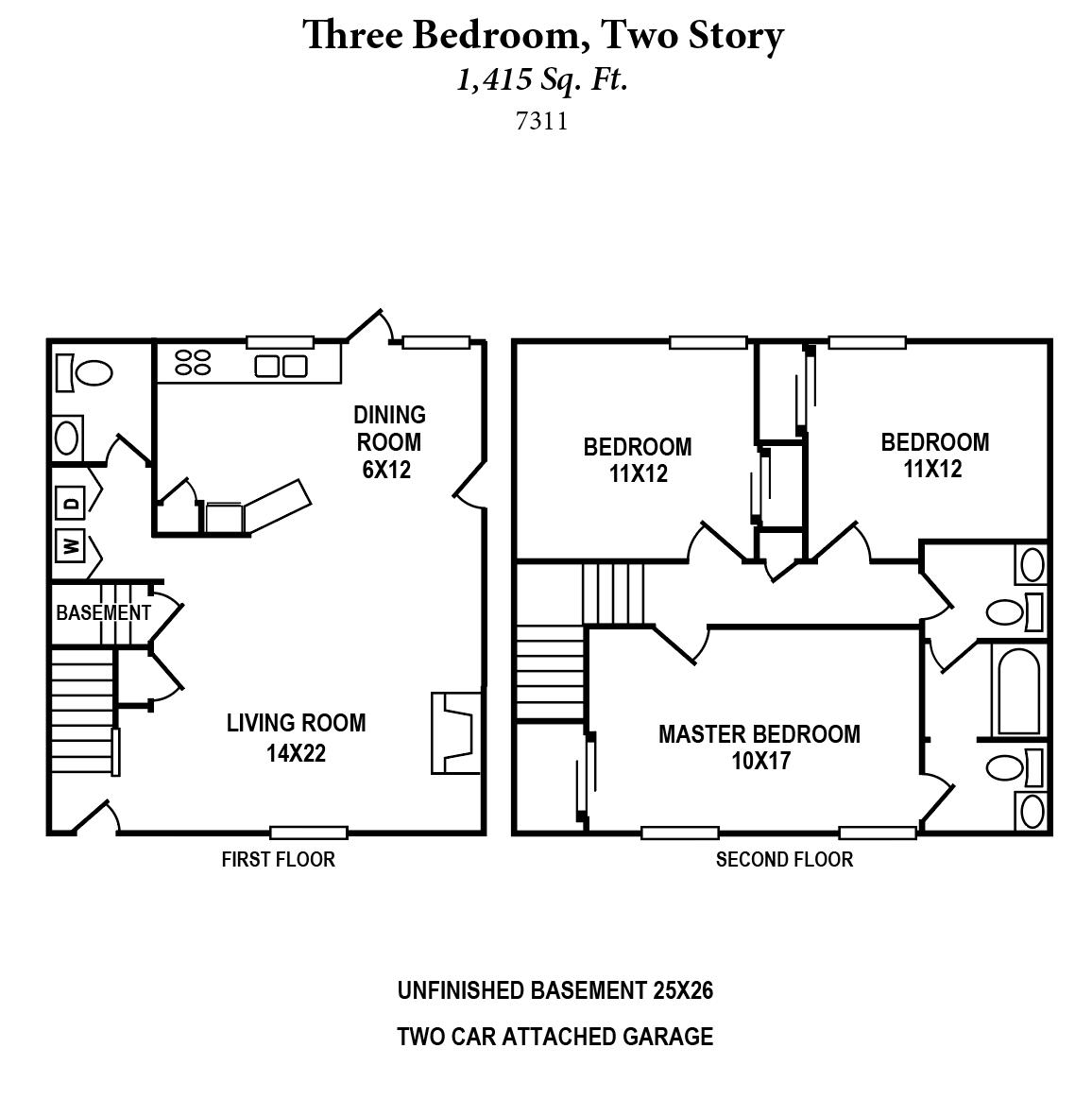 Floor plan for 3 beds, 1.5 baths, 1415 sqft