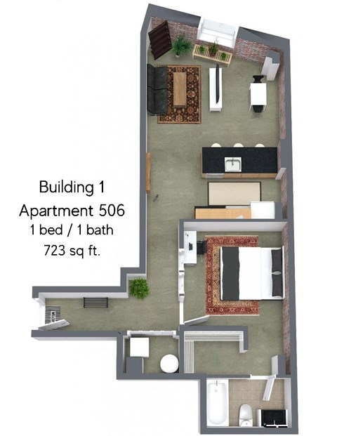 Floor plan for 1 bed, 1 bath, 728 sqft
