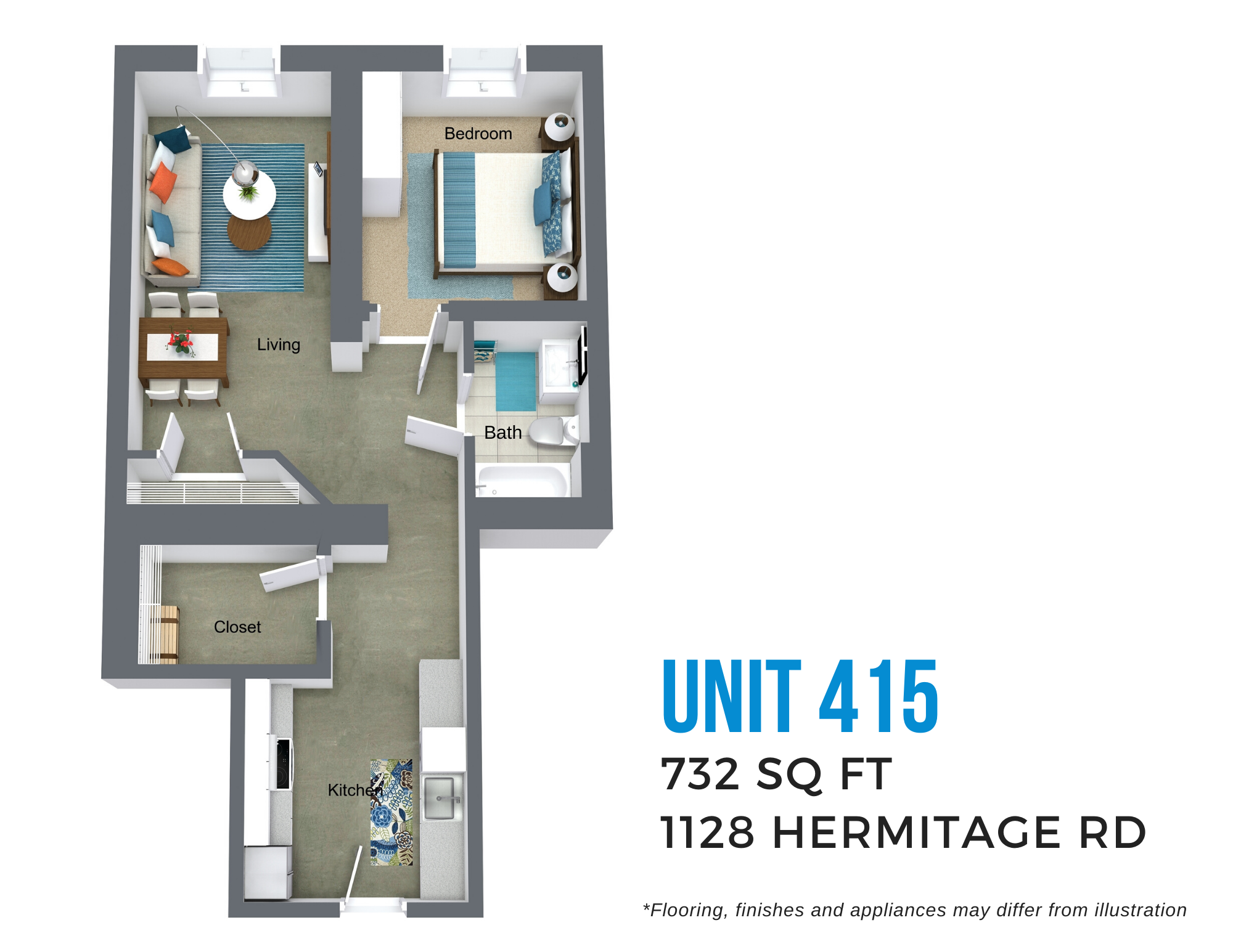 Floor plan for 1 bed, 1 bath, 728 sqft