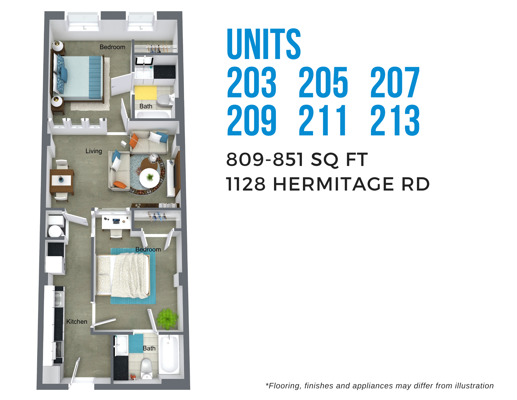 Floor plan for 2 beds, 2 baths, 871 sqft