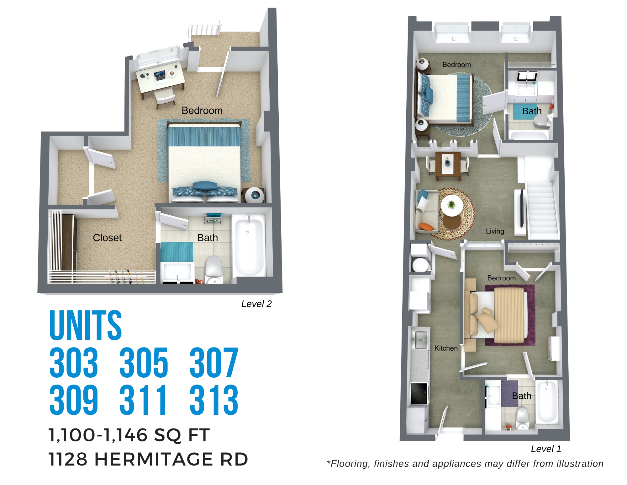 Floor plan for 3 beds, 3 baths, 1417 sqft