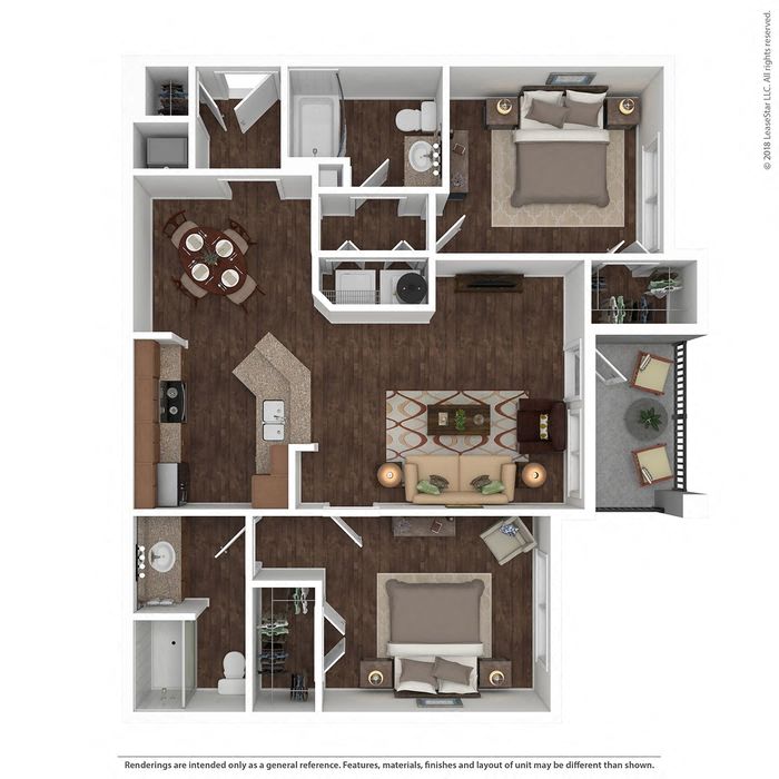 Floor plan for 2 beds, 2 baths, 1073 sqft