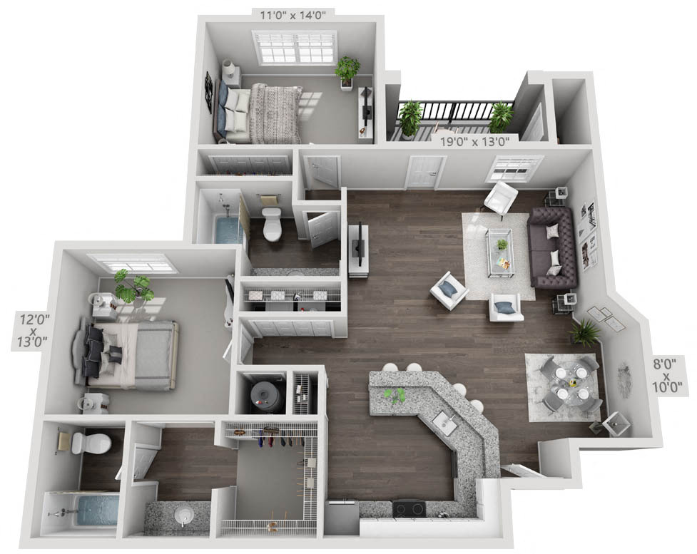 Floor plan for 2 beds, 2 baths, 1248 sqft