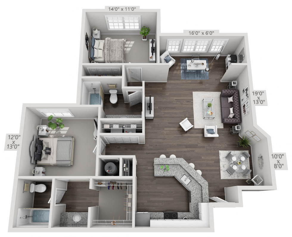 Floor plan for 2 beds, 2 baths, 1247 sqft