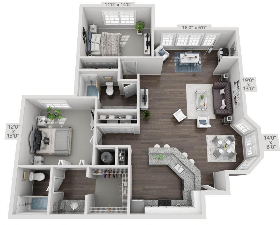 Floor plan for 2 beds, 2 baths, 1355 sqft