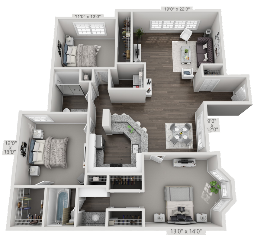 Floor plan for 3 beds, 2 baths, 1585 sqft