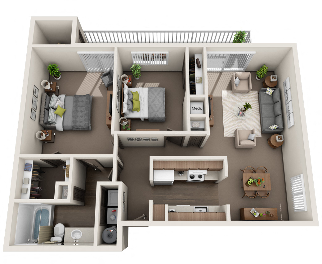 Floor plan for 2 beds, 1 bath, 980 sqft
