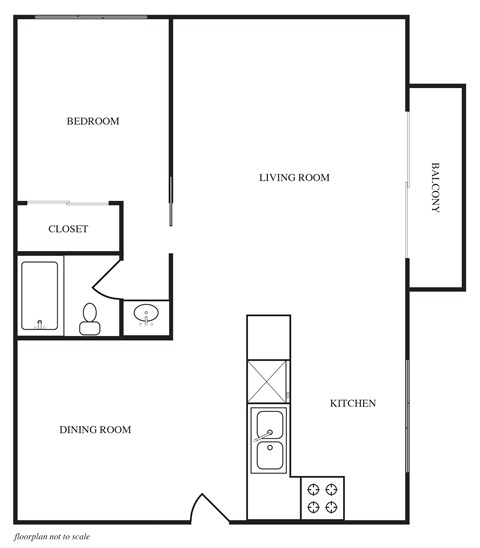 Floor plan for 1 bed, 1 bath, 600 sqft