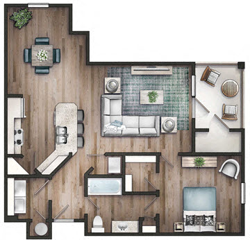 Floor plan for 1 bed, 1 bath, 977 sqft