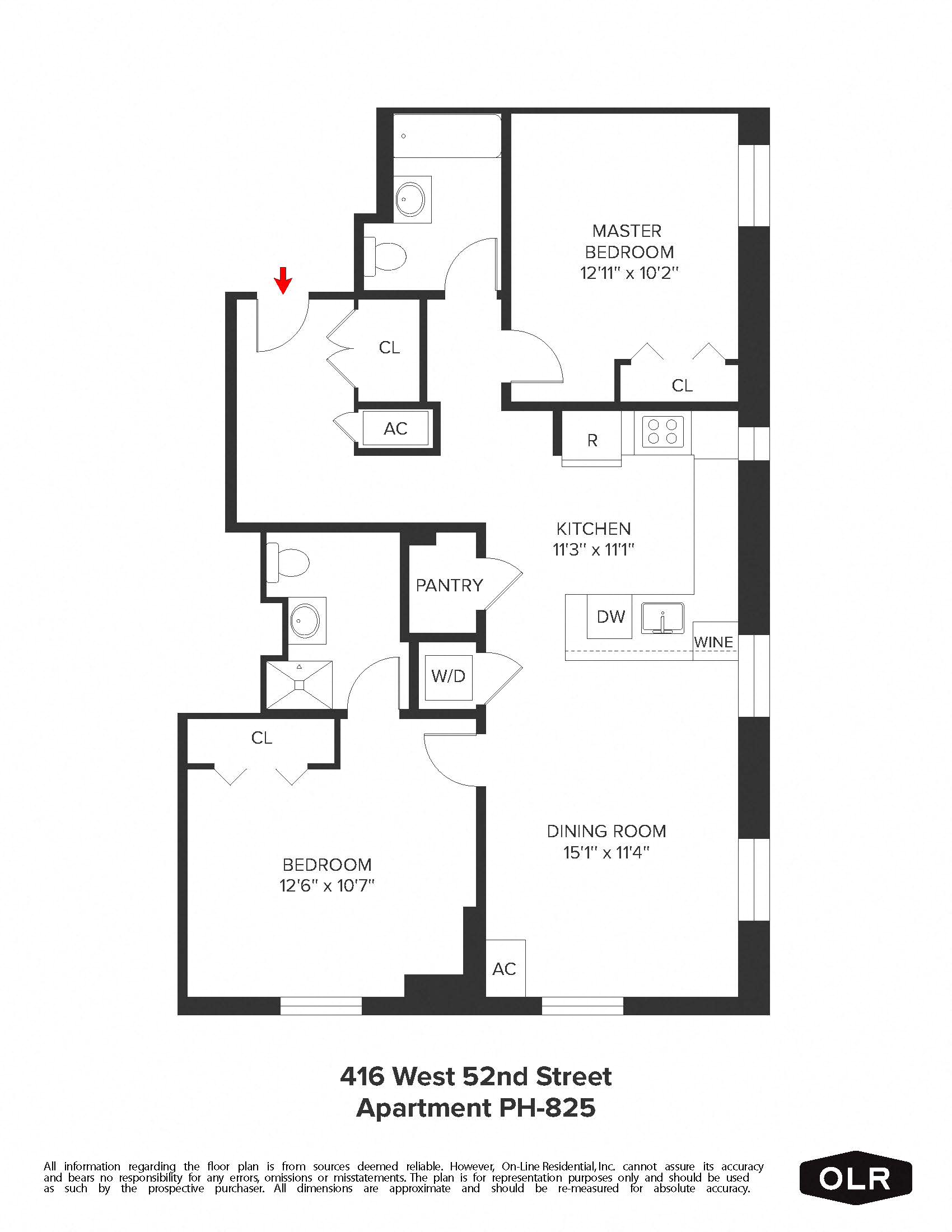 Floor plan for 2 beds, 2 baths, 958 sqft