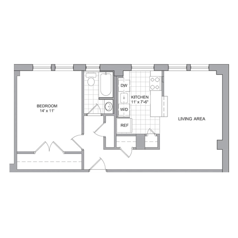 Floor plan for 1 bed, 1 bath, 459 sqft