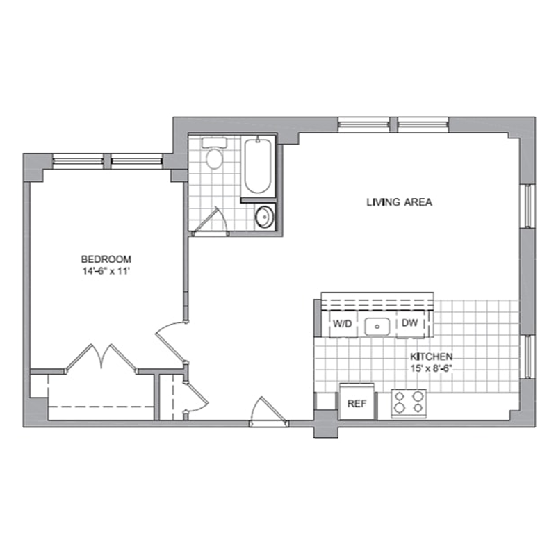 Floor plan for 1 bed, 1 bath, 685 sqft
