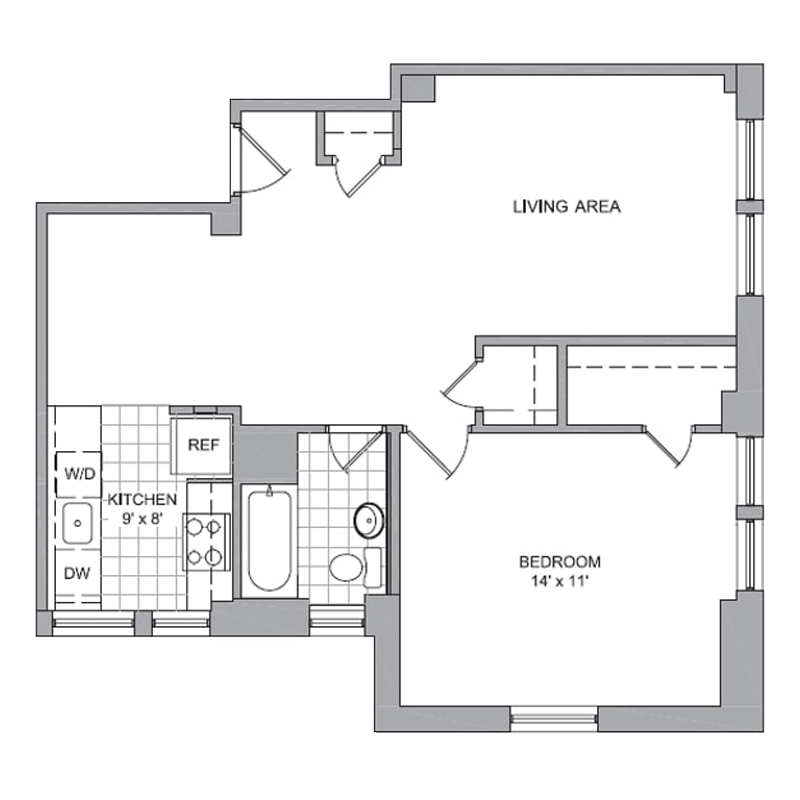 Floor plan for 1 bed, 1 bath, 709 sqft