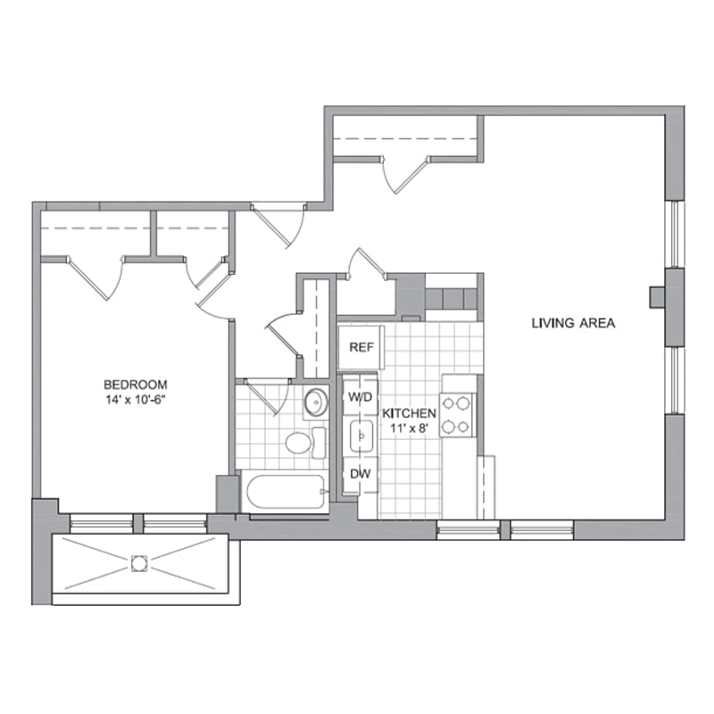 Floor plan for 1 bed, 1 bath, 805 sqft