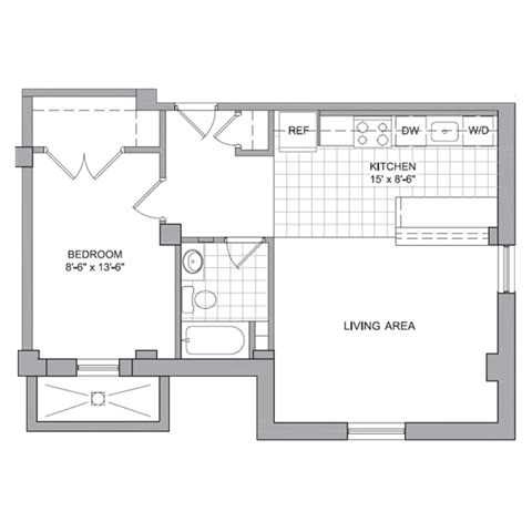 Floor plan for 1 bed, 1 bath, 572 sqft