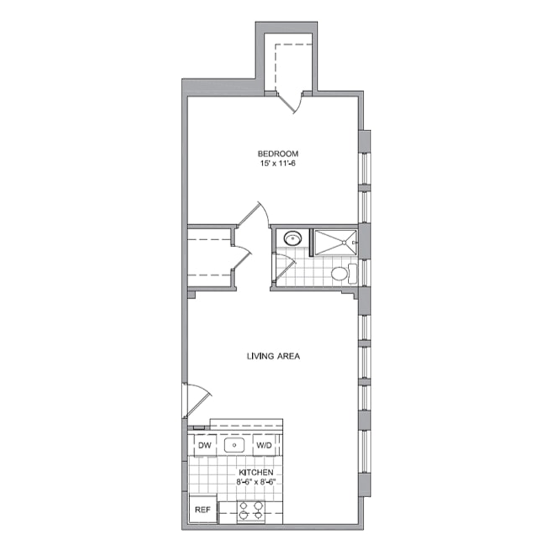 Floor plan for 1 bed, 1 bath, 605 sqft