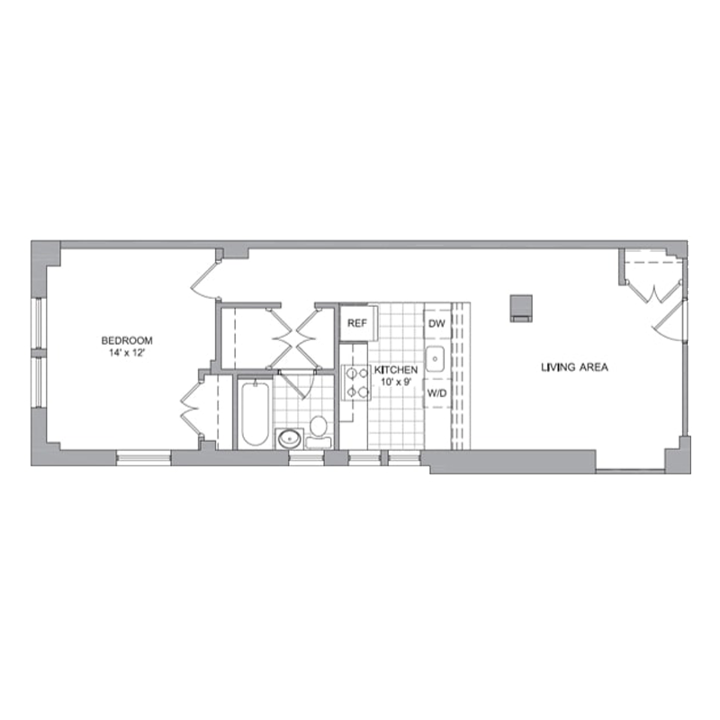 Floor plan for 1 bed, 1 bath, 640 sqft
