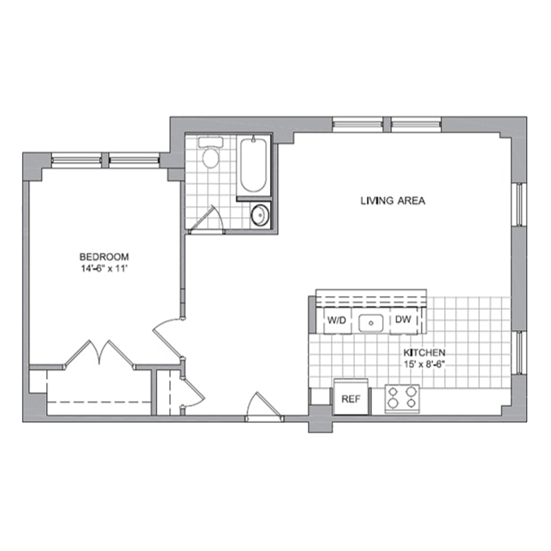 Floor plan for 1 bed, 1 bath, 671 sqft