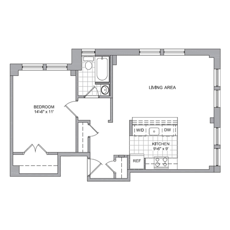 Floor plan for 1 bed, 1 bath, 673 sqft
