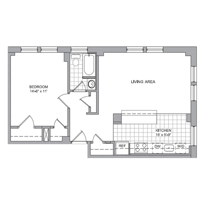 Floor plan for 1 bed, 1 bath, 668 sqft