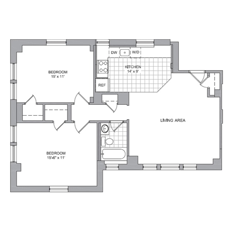 Floor plan for 2 beds, 1 bath, 884 sqft