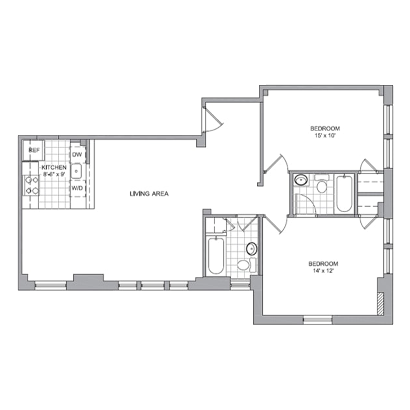 Floor plan for 2 beds, 2 baths, 947 sqft
