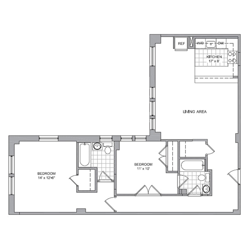 Floor plan for 2 beds, 2 baths, 977 sqft