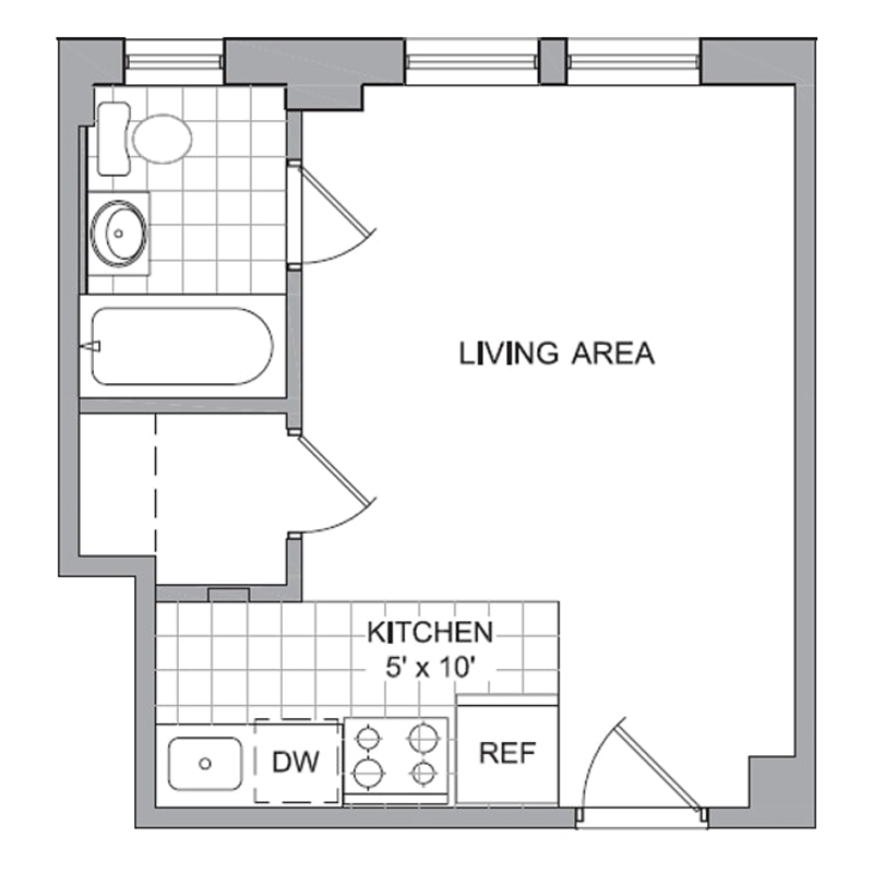 Floor plan for studio, 1 bath, 287 sqft
