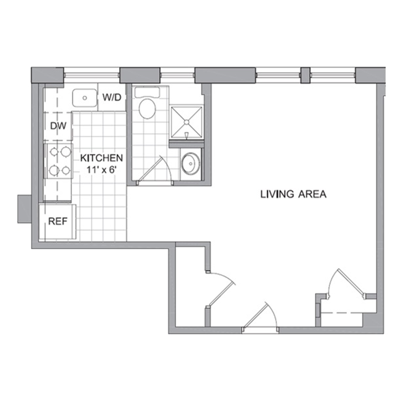 Floor plan for studio, 1 bath, 361 sqft