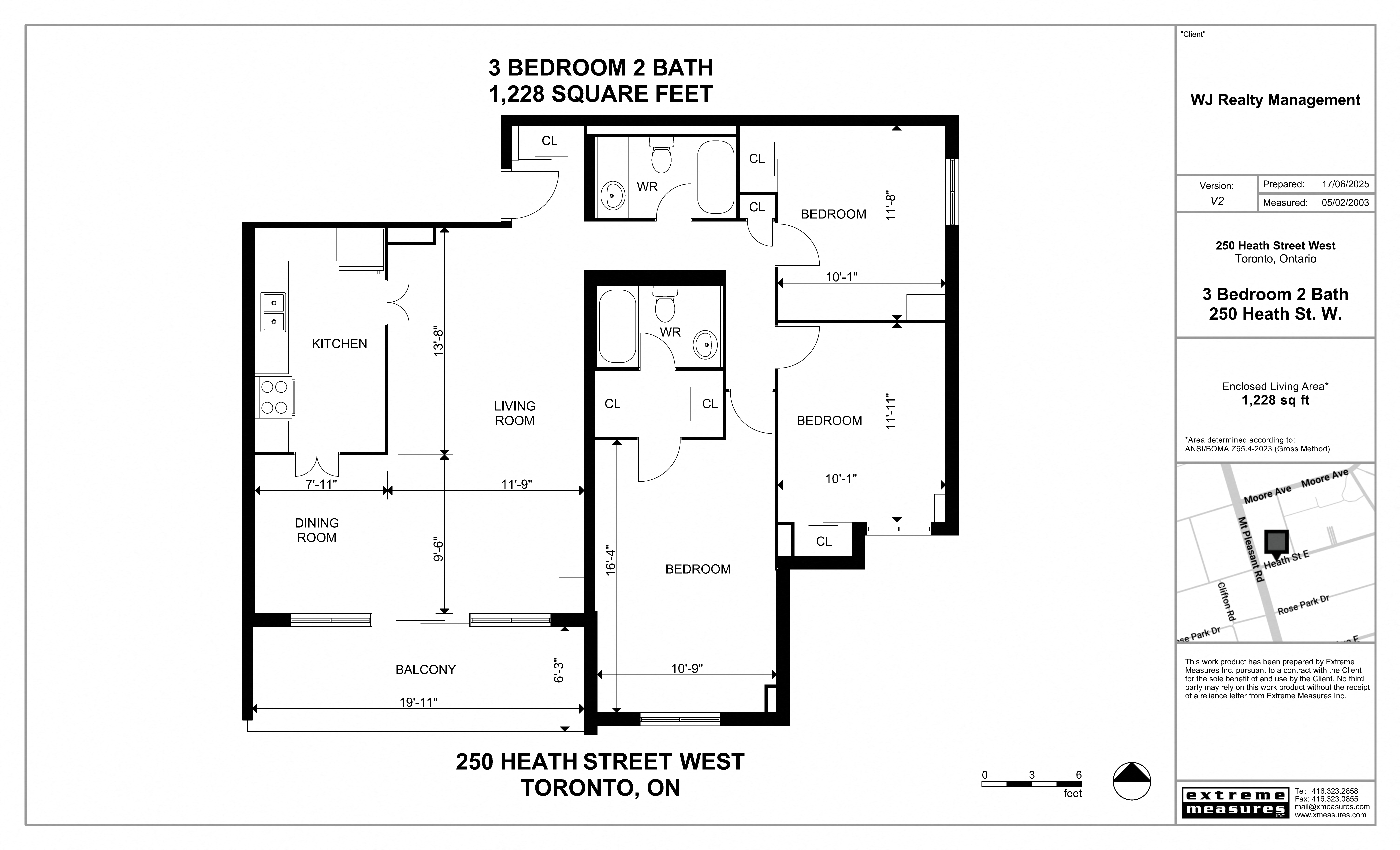 Floor plan for 3 beds, 2 baths, 1228 sqft