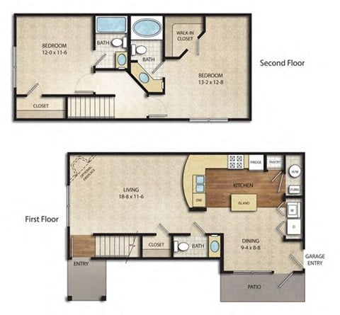 Floor plan for 2 beds, 2.5 baths, 1155 sqft