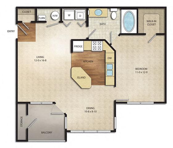 Floor plan for 1 bed, 1 bath, 755 sqft