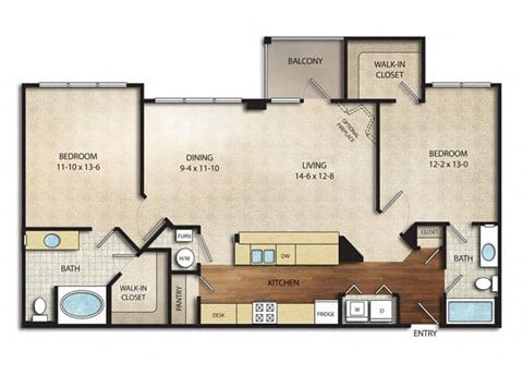 Floor plan for 2 beds, 2 baths, 1155 sqft