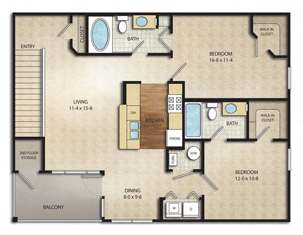 Floor plan for 2 beds, 2 baths, 1055 sqft