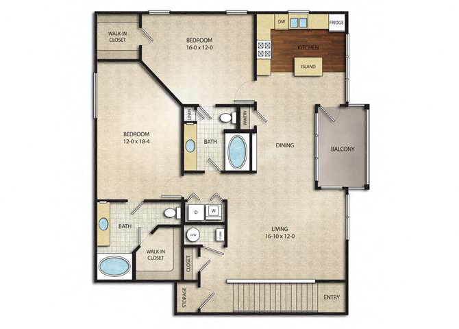 Floor plan for 2 beds, 2 baths, 1355 sqft