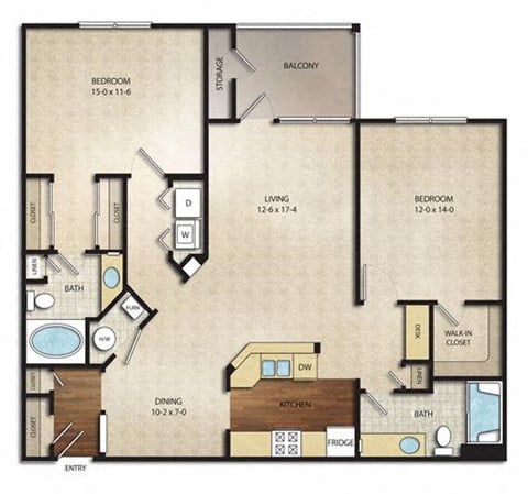 Floor plan for 2 beds, 2 baths, 1215 sqft
