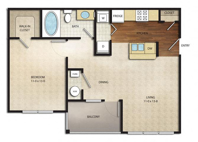 Floor plan for 1 bed, 1 bath, 665 sqft