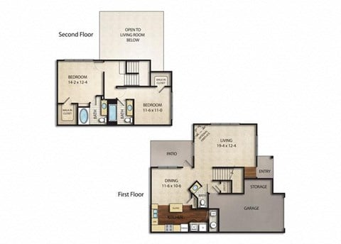 Floor plan for 2 beds, 2.5 baths, 1335 sqft