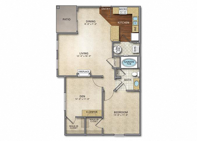 Floor plan for 1 bed, 1 bath, 866 sqft