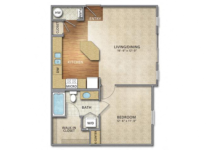 Floor plan for 1 bed, 1 bath, 675 sqft