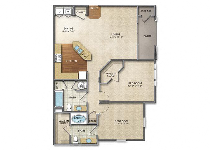 Floor plan for 2 beds, 2 baths, 1196 sqft