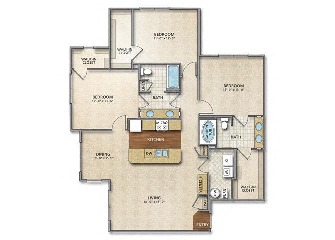 Floor plan for 3 beds, 2 baths, 1482 sqft