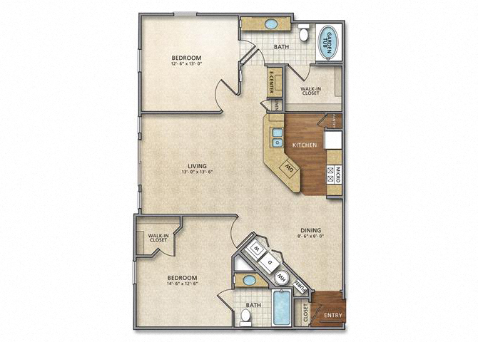 Floor plan for 2 beds, 2 baths, 1120 sqft