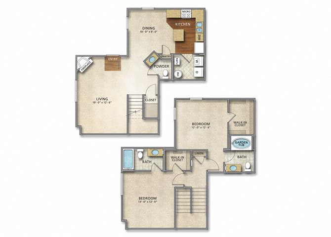Floor plan for 2 beds, 2.5 baths, 1308 sqft