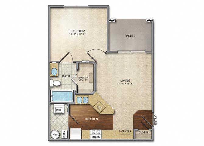 Floor plan for 1 bed, 1 bath, 580 sqft
