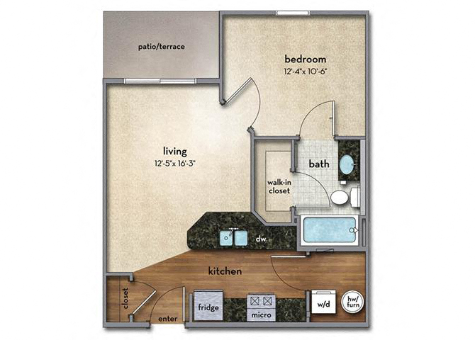 Floor plan for 1 bed, 1 bath, 570 sqft