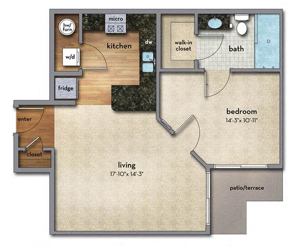 Floor plan for 1 bed, 1 bath, 690 sqft