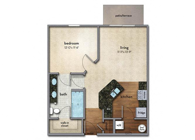 Floor plan for 1 bed, 1 bath, 684 sqft