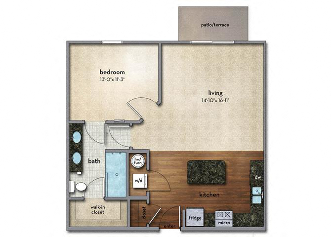 Floor plan for 1 bed, 1 bath, 786 sqft