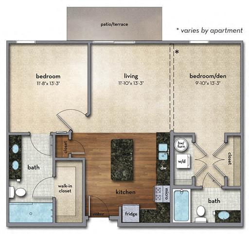 Floor plan for 1 bed, 2 baths, 952 sqft